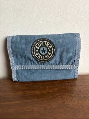 Kipling Light Blue Nylon Trifold Wallet with Logo Patch